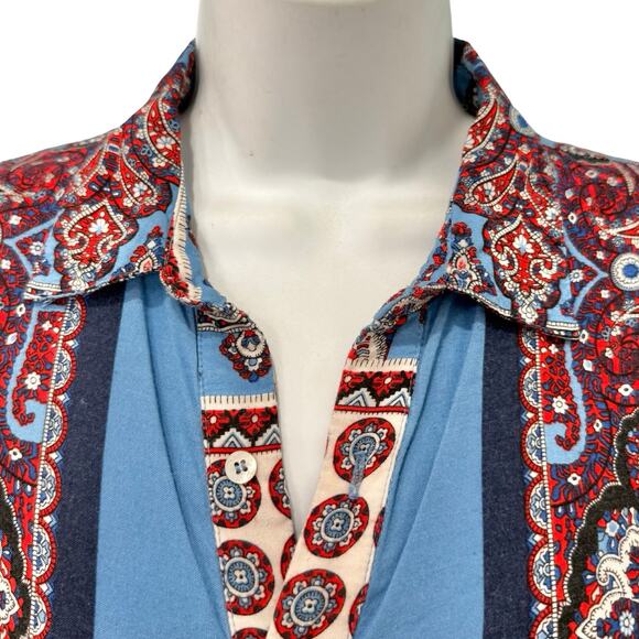 Farm Rio Blue Red White Paisley Collared Button Up Shirt Ruffle Mini Dress sz L - Picture 13 of 16
